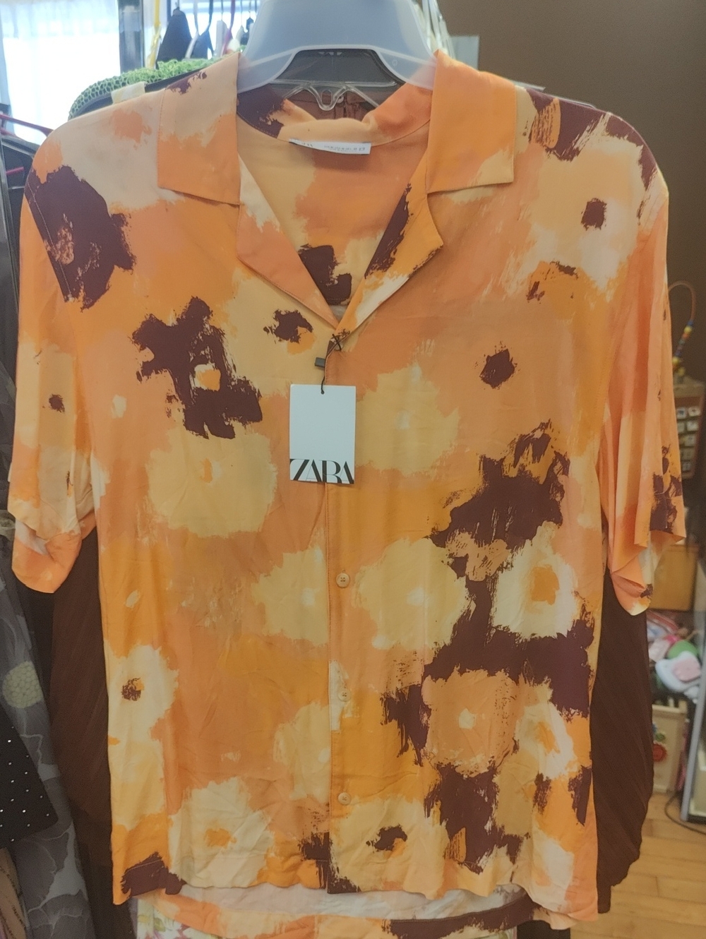 Zara Orange and Brown Abstract Short-Sleeve Button-Up Shirt